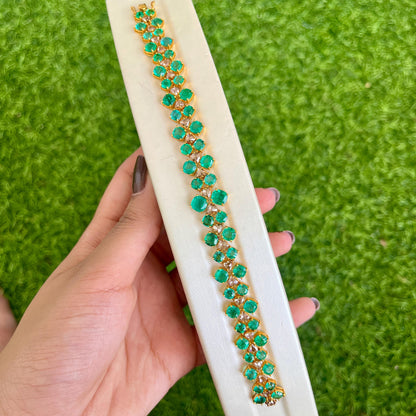 14k Gold Natural Zambian Emerald & Rose Cut Diamond Bracelet - 17.5 Carats Emerald, 3.02 Carats Diamond Art Deco Bracelet
