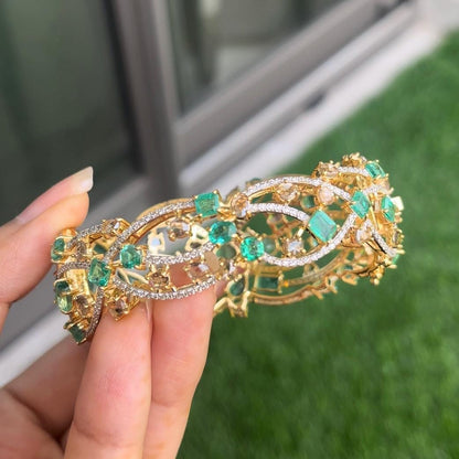 14k Gold Natural Zambian Emerald & Diamond Bracelet - 13.88 Carats Emerald, 7.62 Carats Diamond Art Nouveau Cuff Bracelet