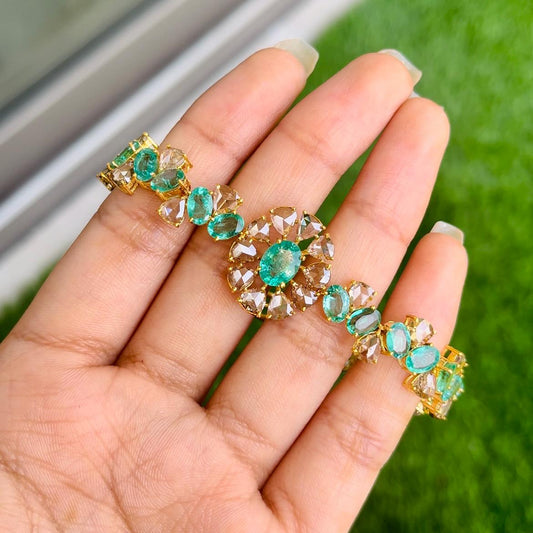 14k Gold Natural Zambian Emerald & Rose Cut Diamond Bracelet - 11.93 Carats Emerald, 6.75 Carats Diamond Victorian Bracelet