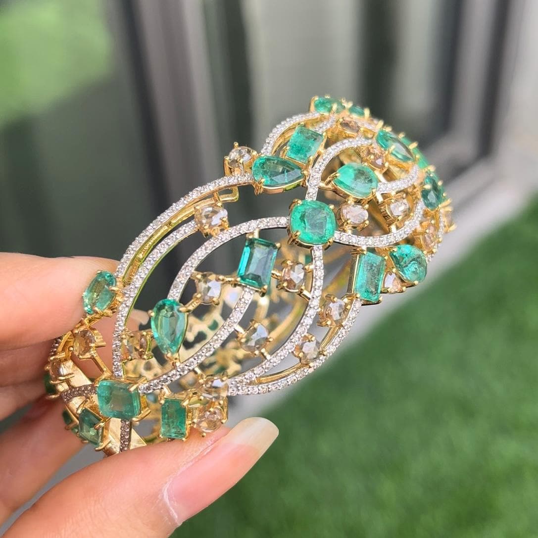 14k Gold Natural Zambian Emerald & Diamond Bracelet - 13.88 Carats Emerald, 7.62 Carats Diamond Art Nouveau Cuff Bracelet