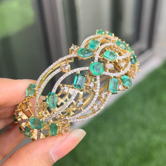 14k Gold Natural Zambian Emerald & Diamond Bracelet - 13.88 Carats Emerald, 7.62 Carats Diamond Art Nouveau Cuff Bracelet
