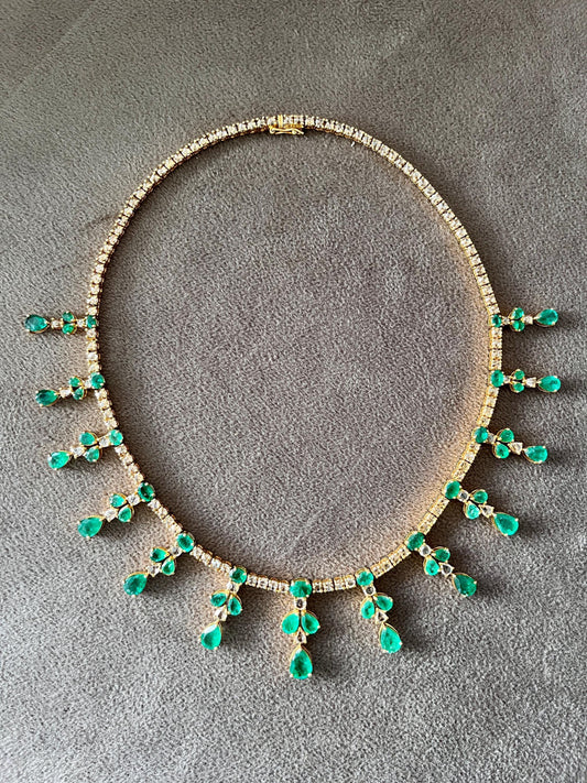 14k Gold Natural Zambian Emerald & Rose Cut Diamond Necklace - 24.21 Carats Emerald, 12.91 Carats Diamond Victorian Necklace