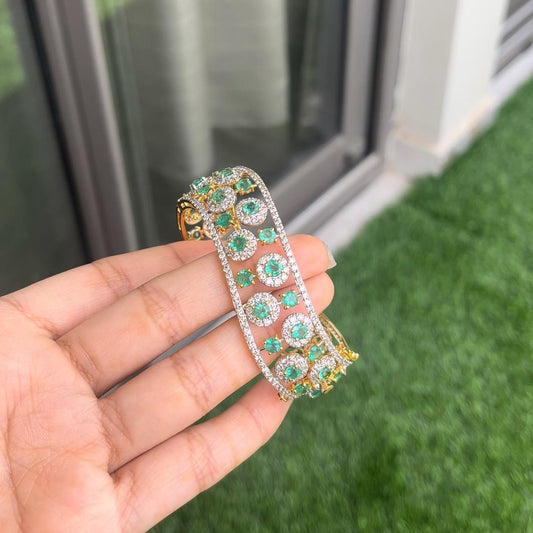 14k Gold Natural Zambian Emerald & Diamond Bracelet - 9.98 Carats Emerald, 8.34 Carats Diamond Art Nouveau Cuff Bracelet