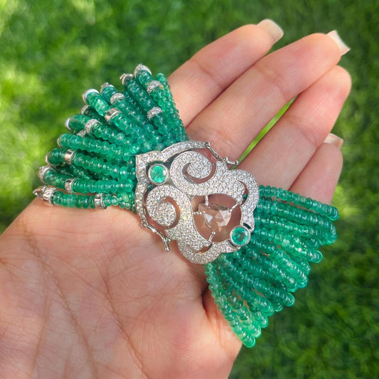 14k Gold Natural Zambian Emerald & Diamond Bracelet - 185.1 Carats Emerald, 5.97 Carats Diamond Victorian Beaded Bracelet
