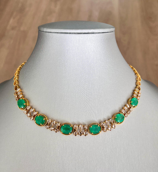 14k Gold Natural Zambian Emerald & Rose Cut Diamond Necklace - 15.41 Carats Emerald, 5.68 Carats Diamond Victorian Necklace