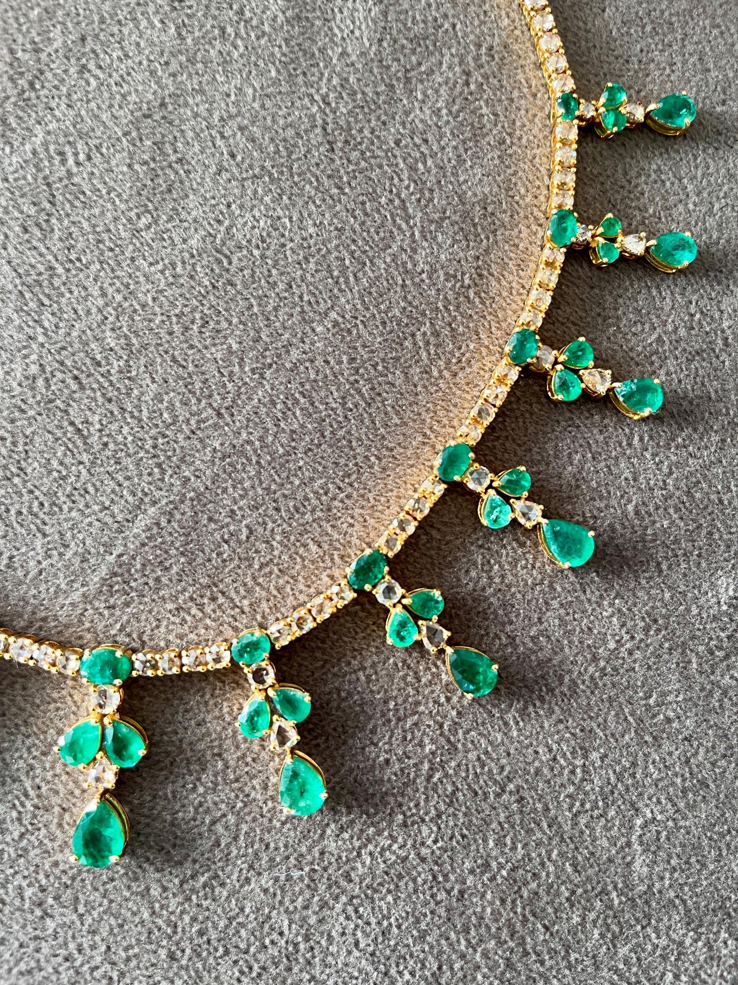 14k Gold Natural Zambian Emerald & Rose Cut Diamond Necklace - 24.21 Carats Emerald, 12.91 Carats Diamond Victorian Necklace