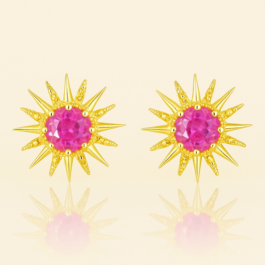 Solid Gold Natural Pink Sapphire Sunburst Art Deco Stud Earrings