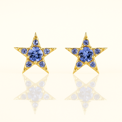 Solid Gold Natural Tanzanite Star Victorian Stud Earrings
