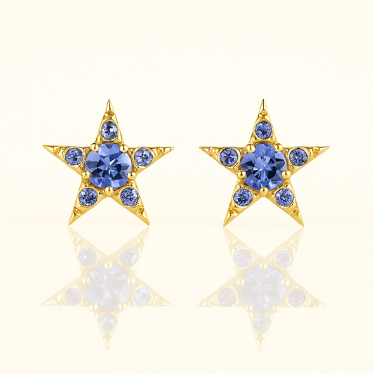 Solid Gold Natural Tanzanite Star Victorian Stud Earrings