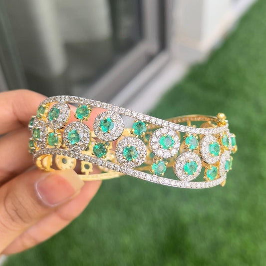 14k Gold Natural Zambian Emerald & Diamond Bracelet - 9.98 Carats Emerald, 8.34 Carats Diamond Art Nouveau Cuff Bracelet