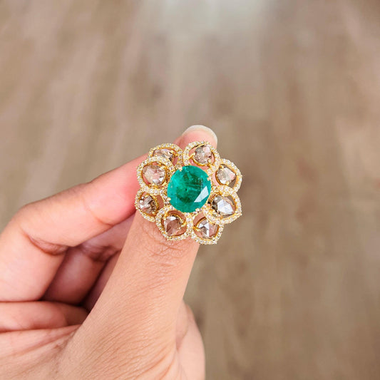 14k Gold Natural Zambian Emerald & Diamond Ring - 3.06 Carats Emerald, 3.07 Carats Diamond Victorian Ring