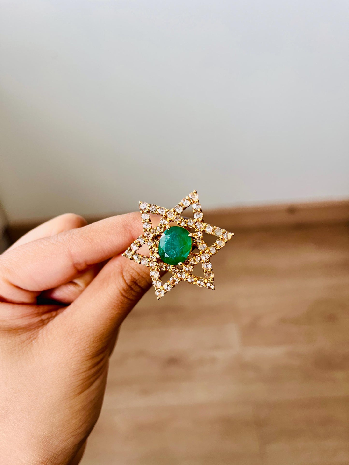 14k Gold Natural Zambian Emerald & Rose Cut Diamond Ring - 3.89 Carats Emerald, 3.25 Carats Diamond Avant Garde Ring