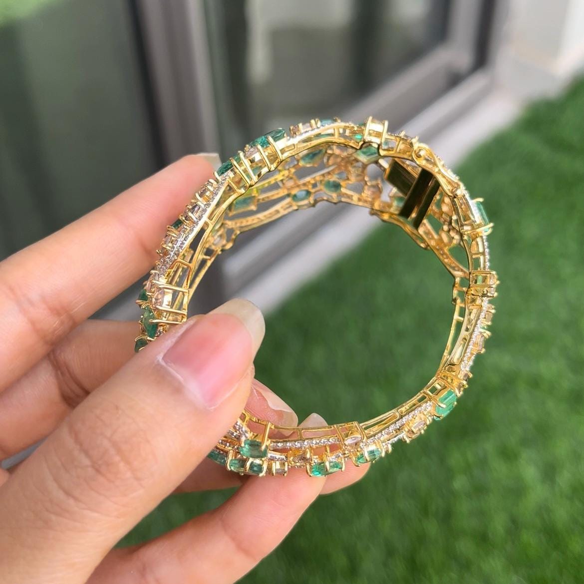 14k Gold Natural Zambian Emerald & Diamond Bracelet - 13.88 Carats Emerald, 7.62 Carats Diamond Art Nouveau Cuff Bracelet