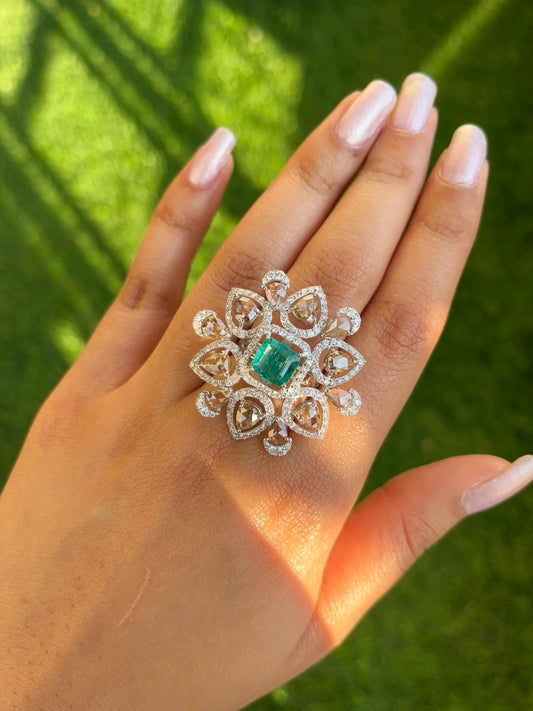 14k Gold Natural Zambian Emerald & Diamond Ring - 1.78 Carats Emerald, 4.11 Carats Diamond Victorian Ring