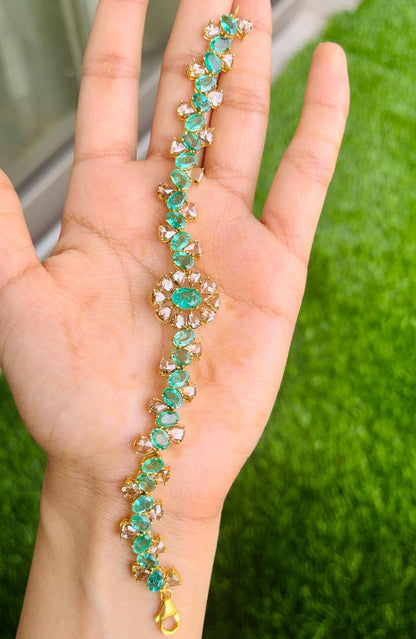 14k Gold Natural Zambian Emerald & Rose Cut Diamond Bracelet - 11.93 Carats Emerald, 6.75 Carats Diamond Victorian Bracelet