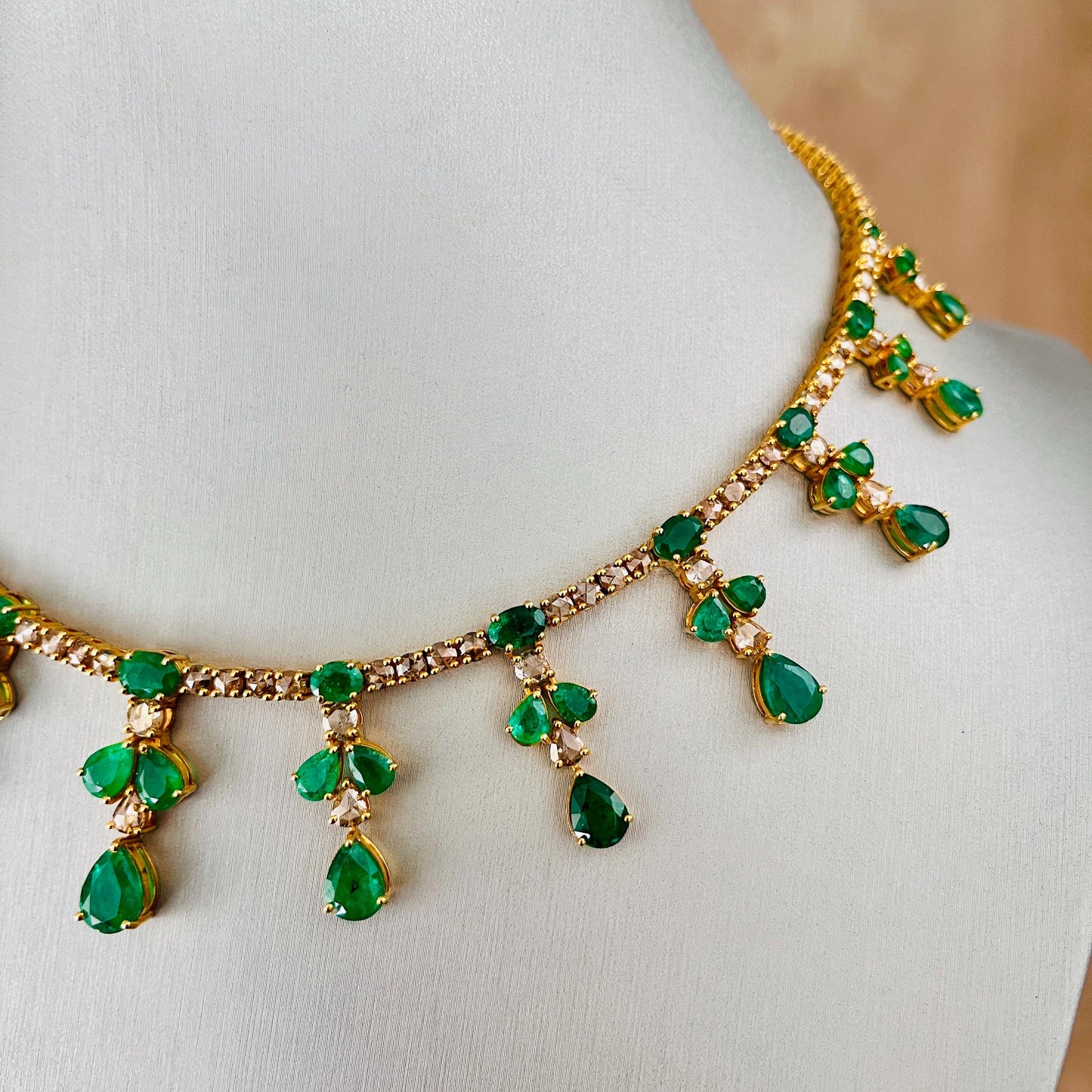 14k Gold Natural Zambian Emerald & Rose Cut Diamond Necklace - 24.21 Carats Emerald, 12.91 Carats Diamond Victorian Necklace