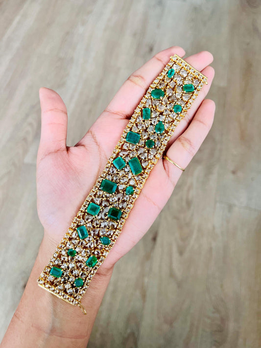 14k Gold Natural Zambian Emerald & Rose Cut Diamond Bracelet - 23.75 Carats Emerald, 31.1 Carats Diamond Victorian Bracelet