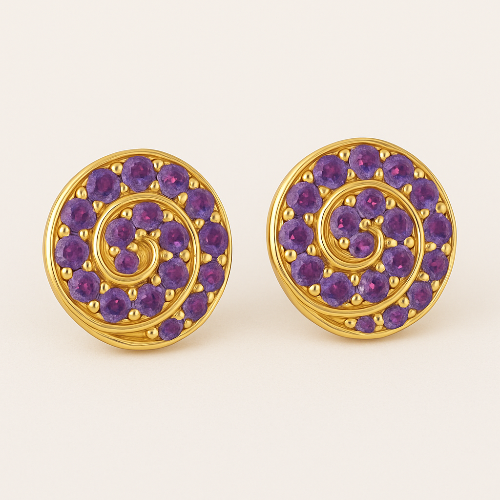 A pair of round gold stud earrings featuring a spiral design set with vibrant purple amethysts. Each earring showcases 14 gemstones intricately arranged along a golden swirl pattern, displayed against a soft cream background.