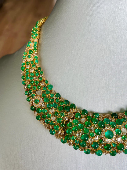 14k Gold Natural Zambian Emerald & Rose Cut Diamond Necklace - 56.43 Carats Emerald, 12.18 Carats Diamond Victorian Necklace