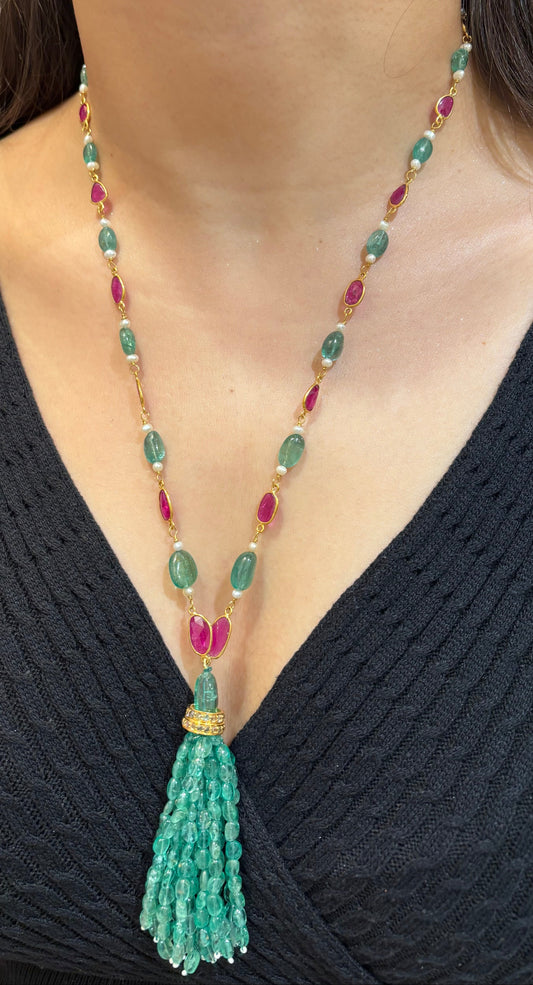 14k Gold Natural Zambian Emerald, Ruby & Rose Cut Diamond Boho Victorian Beaded Tassel Necklace