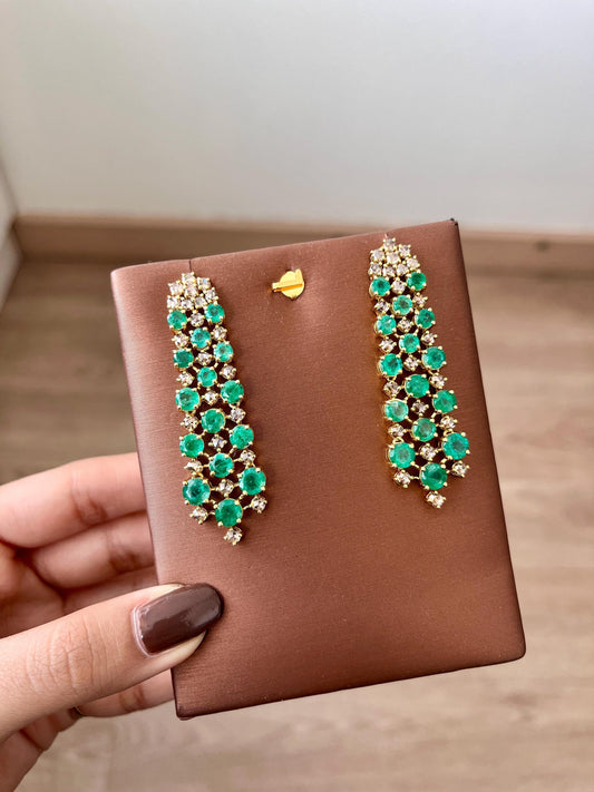 14k Gold Natural Zambian Emerald & Rose Cut Diamond Art Deco Earrings