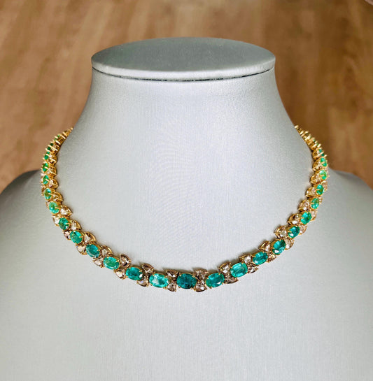 14k Gold Natural Zambian Emerald & Rose Cut Diamond Necklace - 19.25 Carats Emerald, 13.98 Carats Diamond Victorian Necklace
