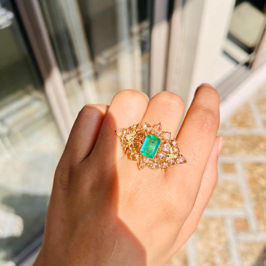 14k Gold Natural Zambian Emerald & Diamond Ring - 1.47 Carats Emerald, 2.69 Carats Diamond Art Nouveau Ring