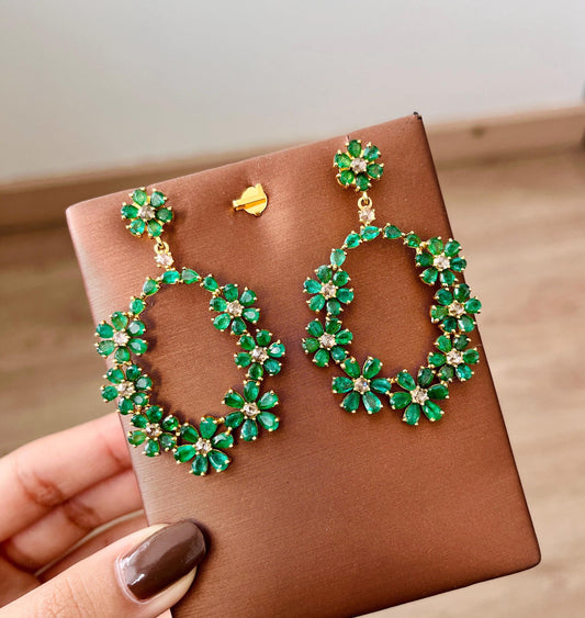 14k Gold Natural Zambian Emerald & Rose Cut Diamond Earrings - 15.62 Carats Emerald, 1.54 Carats Diamond Victorian Hoop Earrings