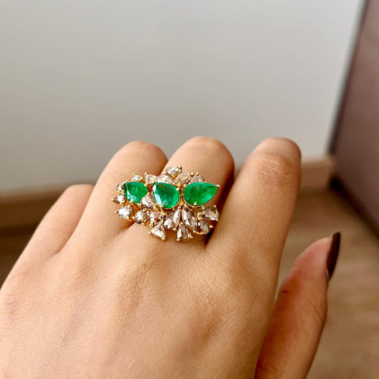 14k Gold Natural Zambian Emerald & Rose Cut Diamond Ring - 3.01 Carats Emerald, 2.1 Carats Diamond Victorian Ring