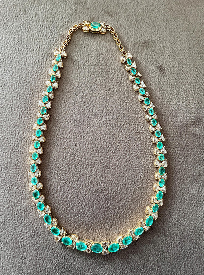 14k Gold Natural Zambian Emerald & Rose Cut Diamond Necklace - 19.25 Carats Emerald, 13.98 Carats Diamond Victorian Necklace