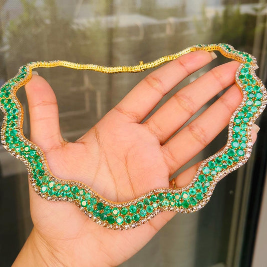 14k Gold Natural Zambian Emerald & Rose Cut Diamond Necklace - 41.23 Carats Emerald, 12.75 Carats Diamond Victorian Necklace