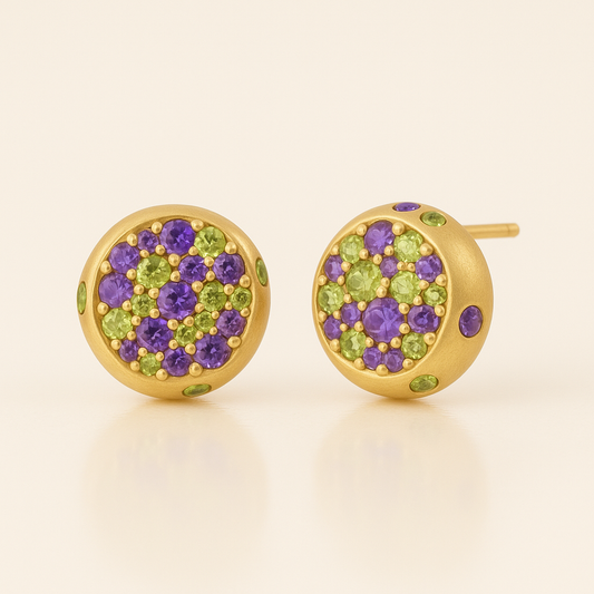 Solid Gold Natural Amethyst & Peridot Dome Minimalist Stud Earrings