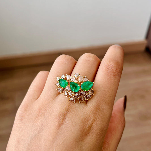 14k Gold Natural Zambian Emerald & Rose Cut Diamond Ring - 3.01 Carats Emerald, 2.1 Carats Diamond Victorian Ring