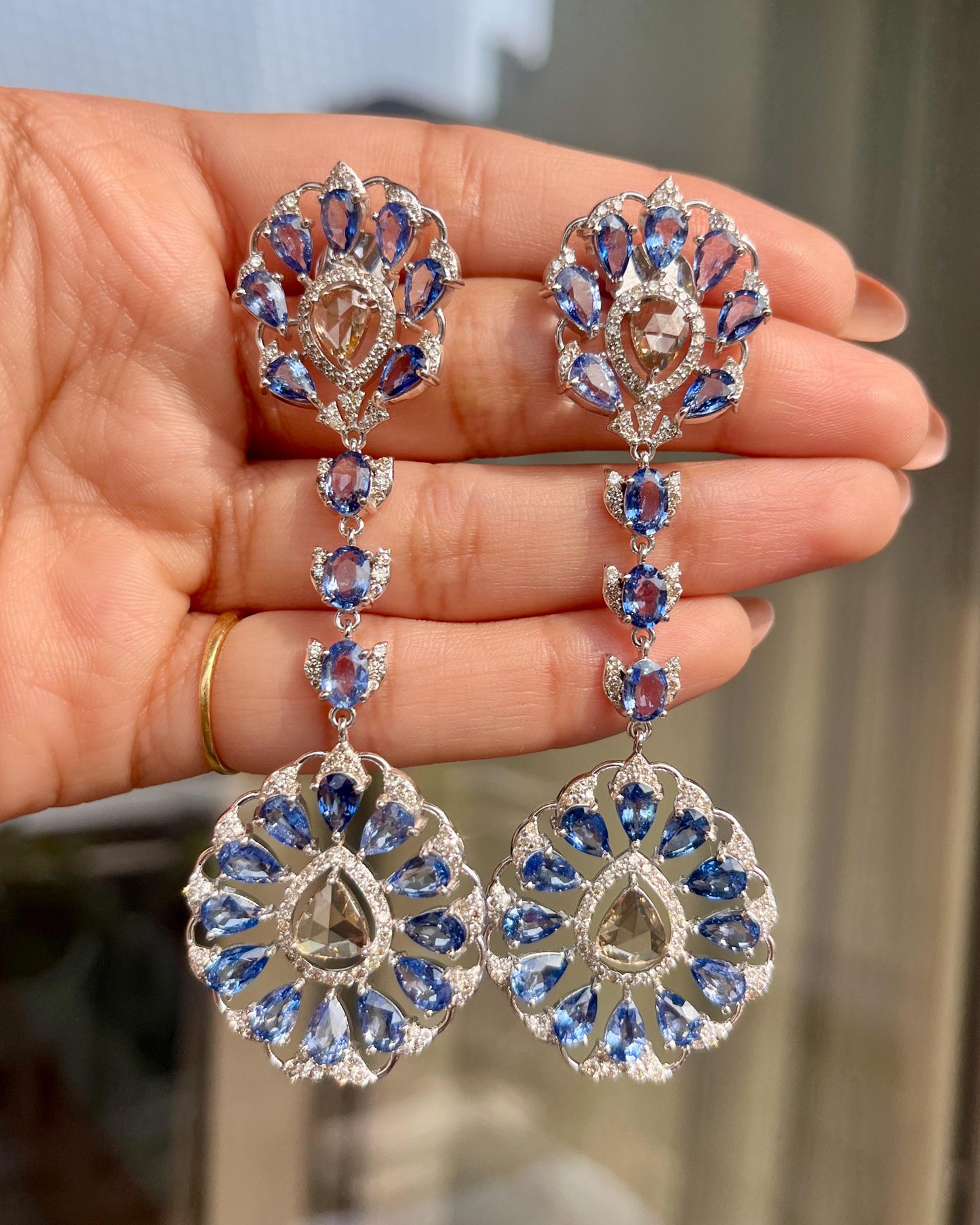 14k Gold Natural Blue Sapphire & Diamond Earrings - 19.5 Carats Sapphire, 3.74 Carats Diamond Victorian Earrings