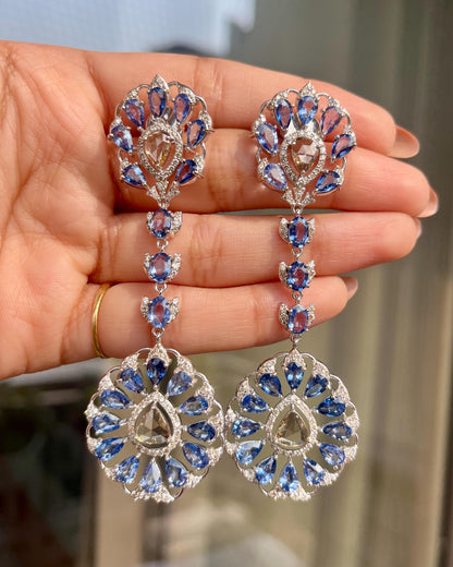14k Gold Natural Blue Sapphire & Diamond Earrings - 19.5 Carats Sapphire, 3.74 Carats Diamond Victorian Earrings