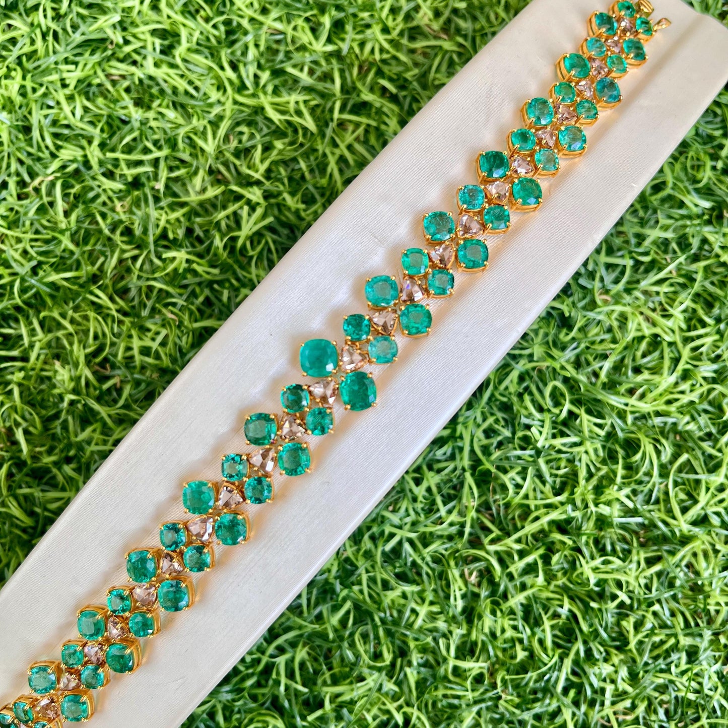 14k Gold Natural Zambian Emerald & Rose Cut Diamond Bracelet - 17.5 Carats Emerald, 3.02 Carats Diamond Art Deco Bracelet