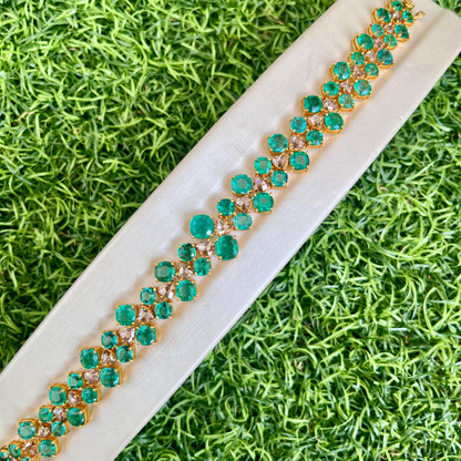 14k Gold Natural Zambian Emerald & Rose Cut Diamond Bracelet - 17.5 Carats Emerald, 3.02 Carats Diamond Art Deco Bracelet