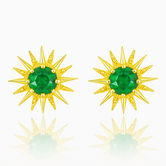 Solid Gold Natural Emerald Sunburst Art Deco Stud Earrings