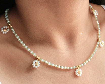 Spring Has Sprung Pearl-Peridot Daisy Necklace