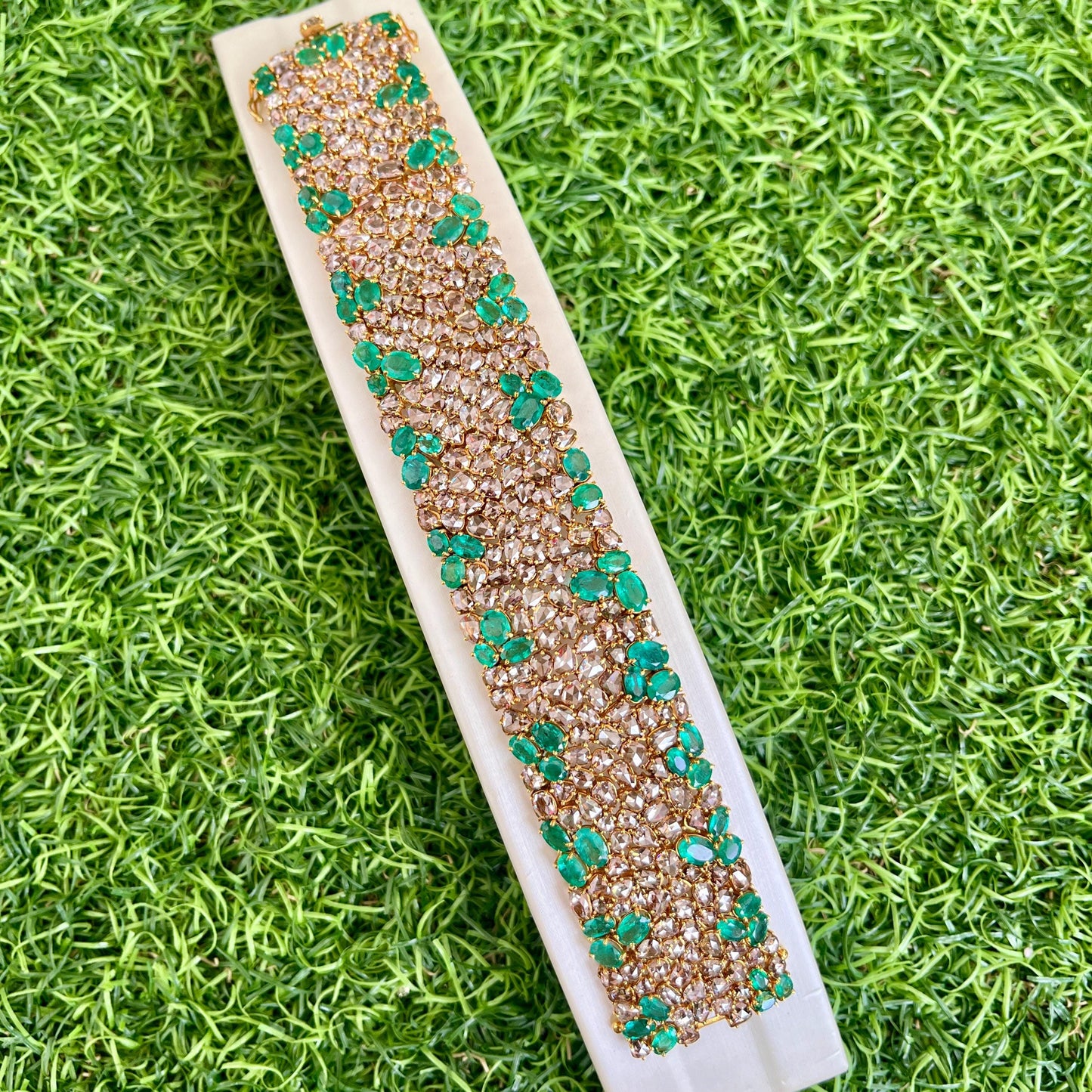 14k Gold Natural Zambian Emerald & Rose Cut Diamond Bracelet - 18.7 Carats Emerald, 24.18 Carats Diamond Victorian Bracelet