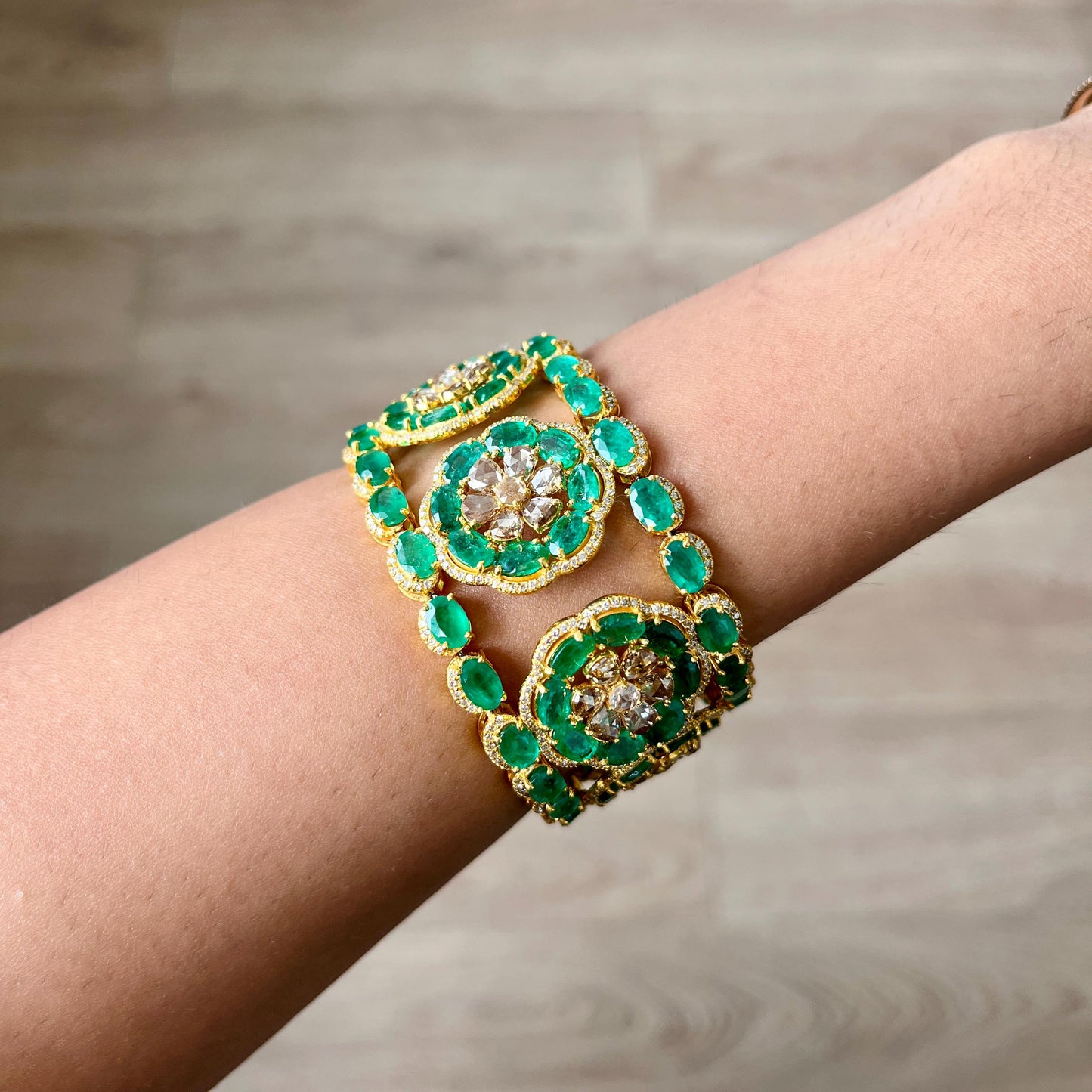 14k Gold Natural Zambian Emerald & Diamond Bracelet - 49.25 Carats Emerald, 12.24 Carats Diamond Victorian Bracelet