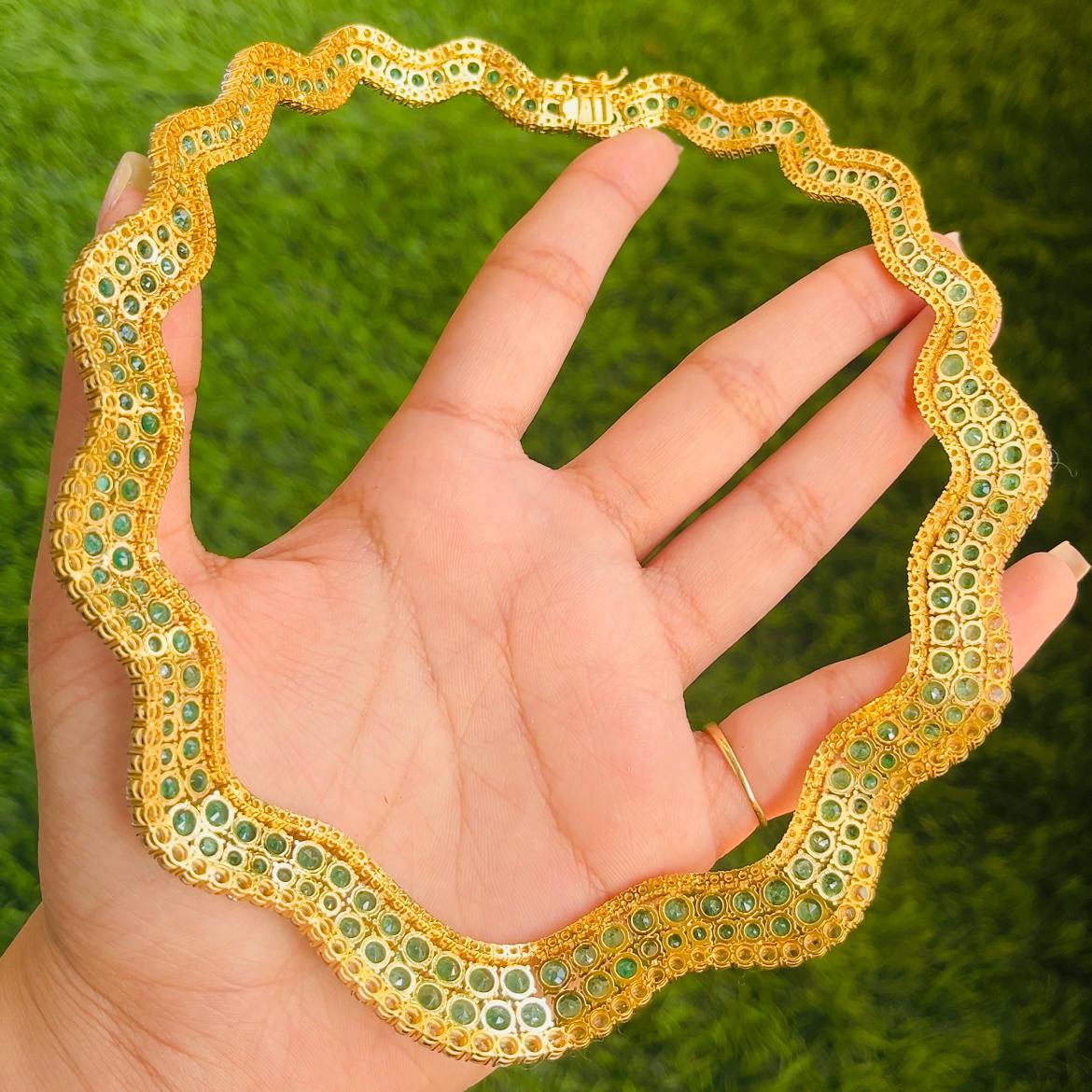 14k Gold Natural Zambian Emerald & Rose Cut Diamond Necklace - 41.23 Carats Emerald, 12.75 Carats Diamond Victorian Necklace
