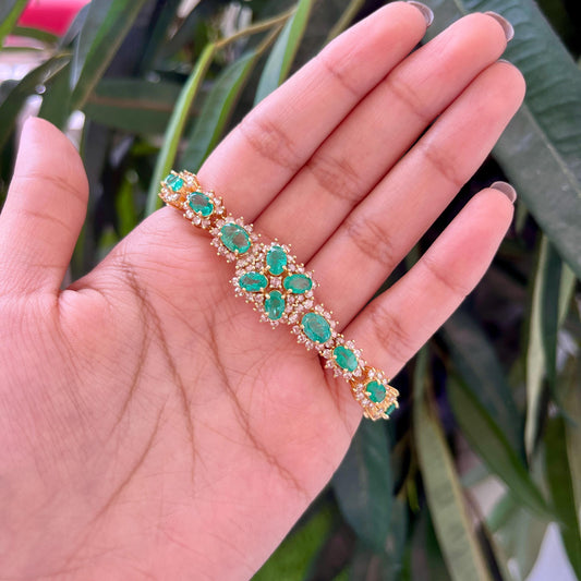 14k Gold Natural Zambian Emerald & Rose Cut Diamond Bracelet - 9.4 Carats Emerald, 4.35 Carats Diamond Art Deco Bracelet