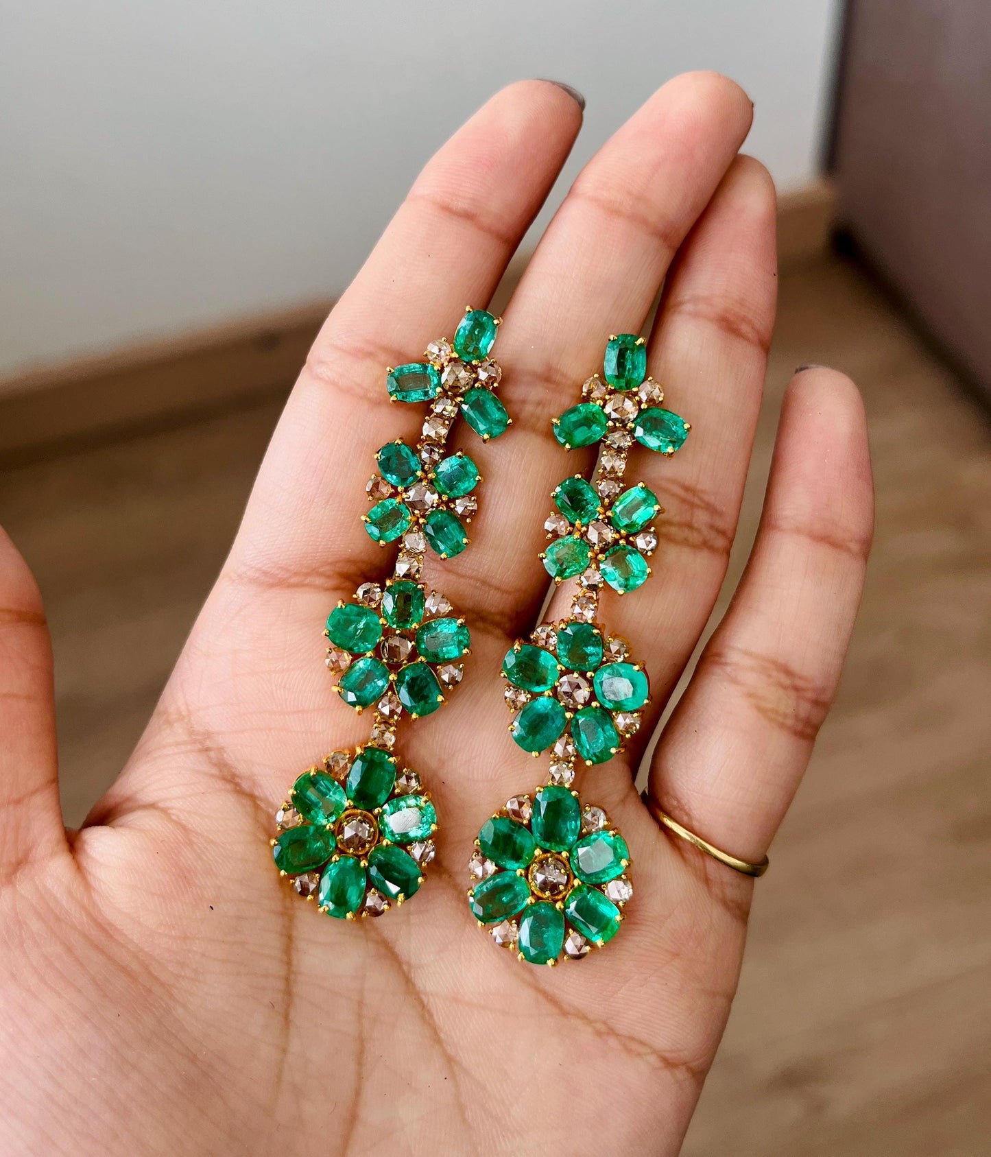 14k Gold Natural Zambian Emerald & Rose Cut Diamond Earrings - 19.01 Carats Emerald, 4.38 Carats Diamond Victorian Earrings