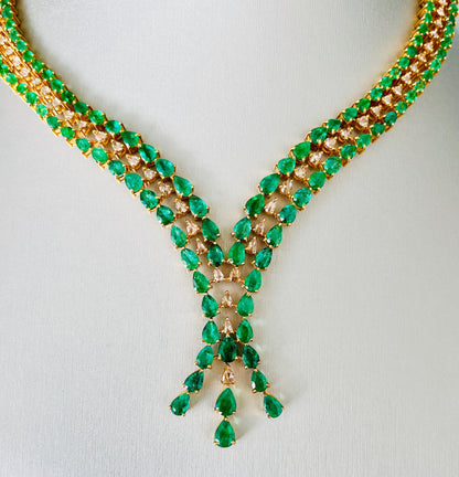 14k Gold Natural Zambian Emerald & Rose Cut Diamond Necklace - 25.94 Carats Emerald, 3.4 Carats Diamond Victorian Necklace