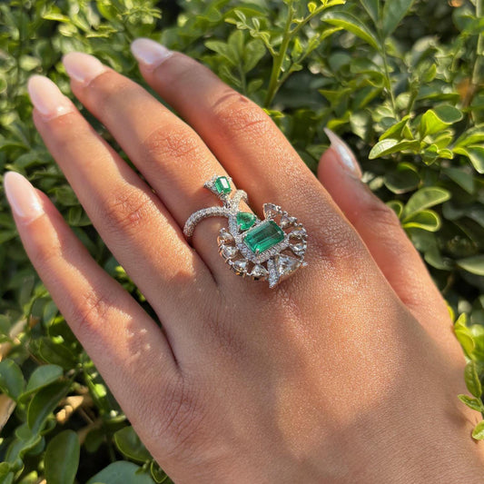 14k Gold Natural Zambian Emerald & Diamond Ring - 2.18 Carats Emerald, 2.45 Carats Diamond Art Deco Ring