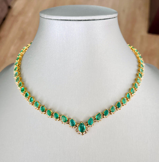 14k Gold Natural Zambian Emerald & Rose Cut Diamond Necklace - 15.74 Carats Emerald, 4.18 Carats Diamond Victorian Necklace