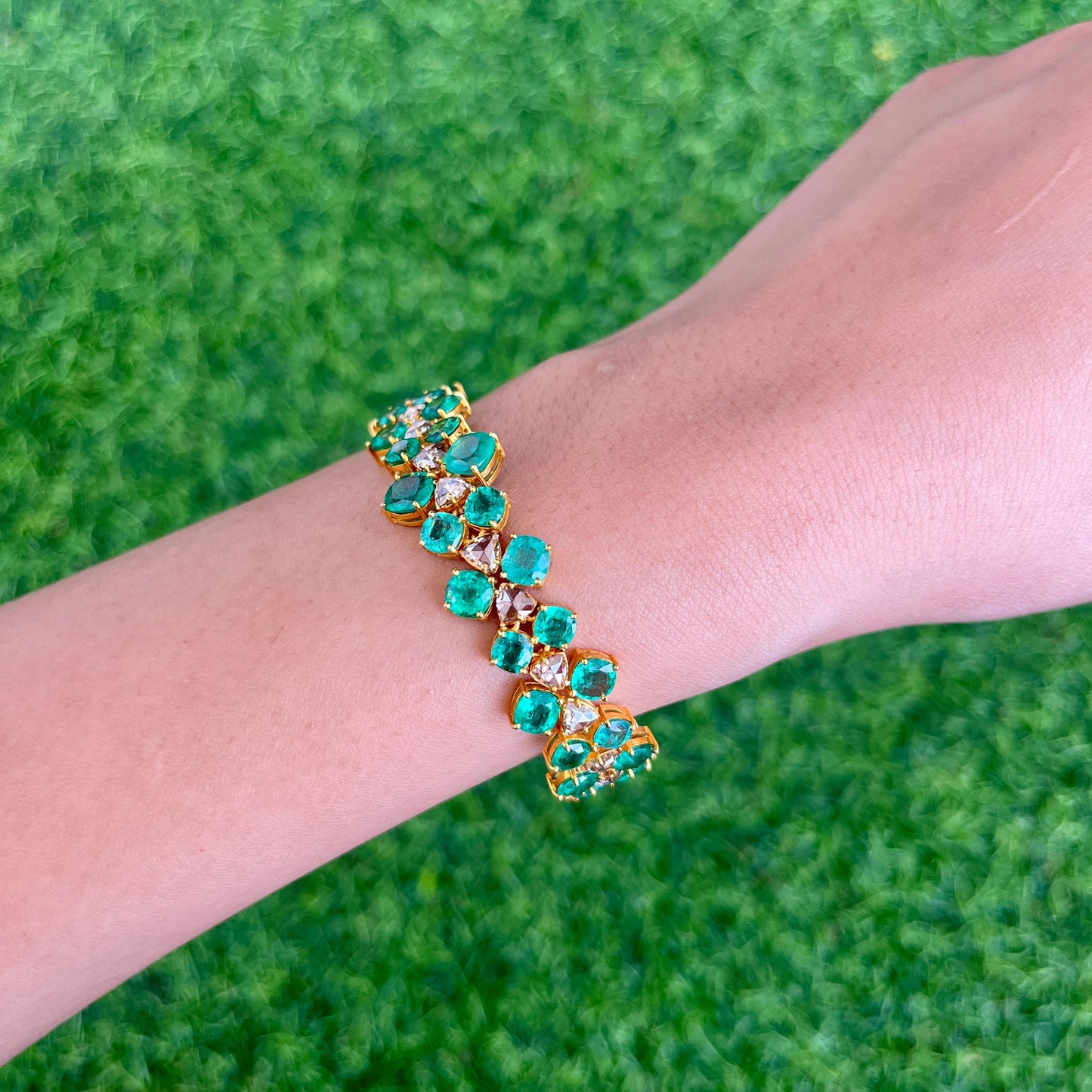 14k Gold Natural Zambian Emerald & Rose Cut Diamond Bracelet - 17.5 Carats Emerald, 3.02 Carats Diamond Art Deco Bracelet