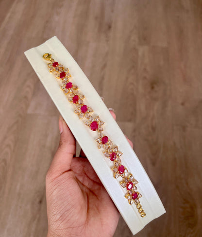 14k Gold Natural Ruby & Rose Cut Diamond Bracelet - 7.49 Carats Ruby, 9.03 Carats Diamond Art Nouveau Bracelet