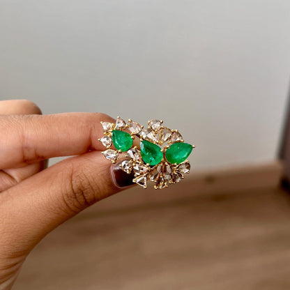 14k Gold Natural Zambian Emerald & Rose Cut Diamond Ring - 3.01 Carats Emerald, 2.1 Carats Diamond Victorian Ring